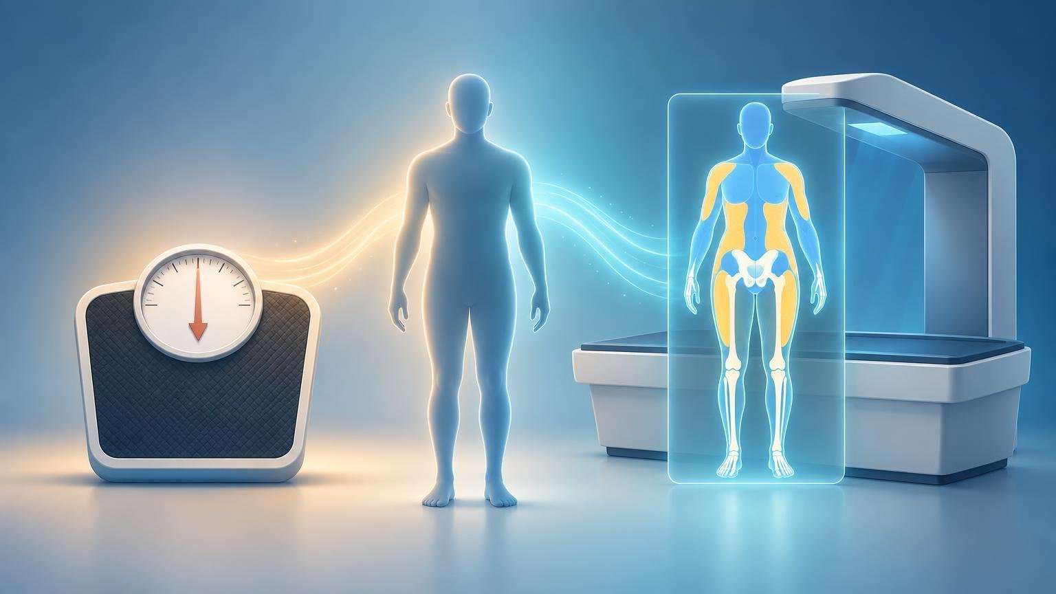 Editorial illustration showing a bathroom scale with a downward arrow, a standing human silhouette, and a large body scanner displaying a blue figure with highlighted yellow body areas and visible bones.