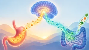 Colorful editorial illustration of a blue brain above a glowing red stomach and blue intestines, with orange and teal particle streams flowing upward toward the brain; small vegetables and grains appear in a translucent upper digestive tract.