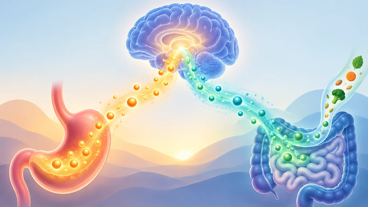 Colorful editorial illustration of a blue brain above a glowing red stomach and blue intestines, with orange and teal particle streams flowing upward toward the brain; small vegetables and grains appear in a translucent upper digestive tract.