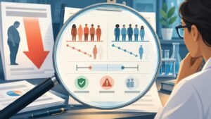 Editorial illustration of a researcher examining a magnified trial-results sheet with two groups of participant silhouettes, downward trend lines, an uncertainty interval, safety and warning icons, and laboratory glassware in the background.