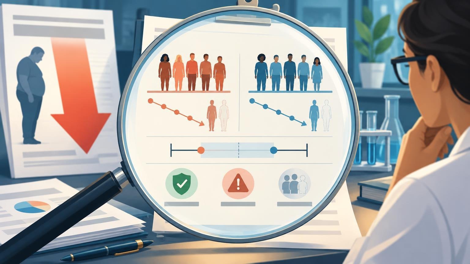 Editorial illustration of a researcher examining a magnified trial-results sheet with two groups of participant silhouettes, downward trend lines, an uncertainty interval, safety and warning icons, and laboratory glassware in the background.