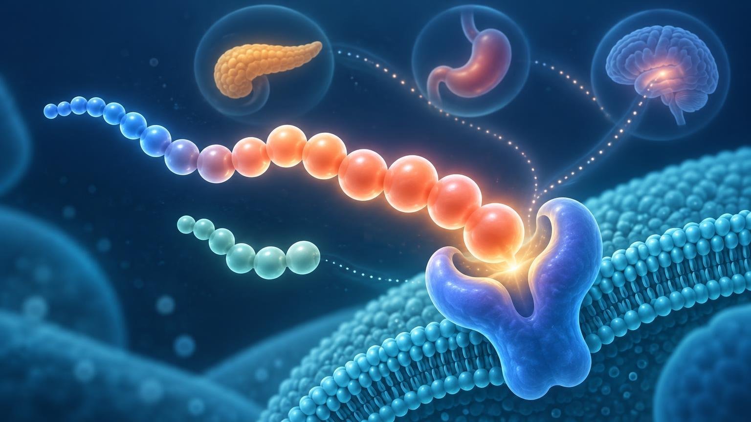 Science illustration of a chain of glowing bead-like molecules binding to a purple receptor on a blue cell membrane, with symbolic pancreas, stomach, and brain icons connected by dotted pathways in the background.