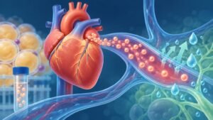 Illustrated human heart releasing glowing peach-colored particles into a large blue blood vessel, with upward arrows and water droplets near branching green vessels; an unlabeled sample tube and blurred cell-like forms appear in the background.