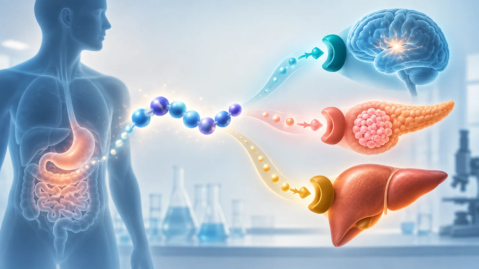 Blue translucent human torso with digestive organs beside a linked molecular chain sending three colored streams toward stylized receptors next to a brain, pancreas, and liver in a softly blurred laboratory.