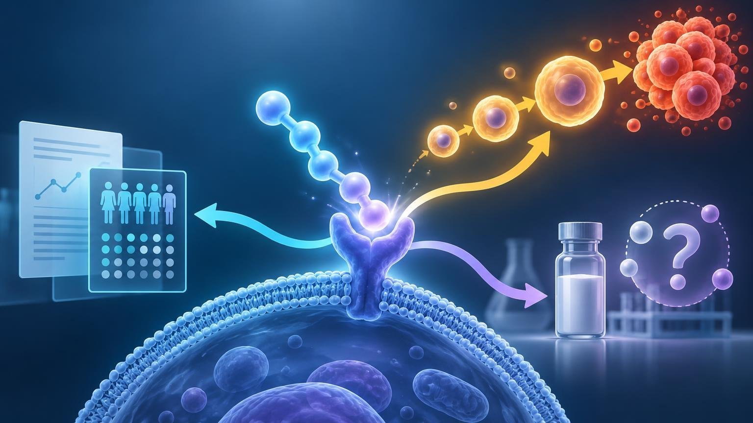 Science illustration of a peptide-like molecular chain binding to a cell-surface receptor, with arrows leading toward glowing cells and a tumor-like cell cluster; a generic vial and research-data panels appear nearby.