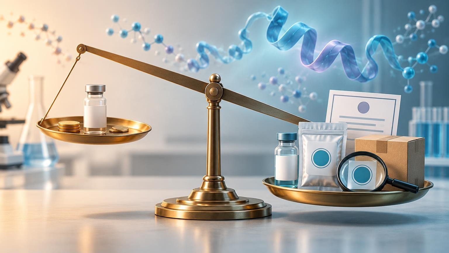 Editorial laboratory illustration of a tilted balance scale comparing a small vial and coins on one pan with research packaging, documents, a magnifying glass, and a vial on the other, against a background of microscopes, glassware, and abstract peptide structures.
