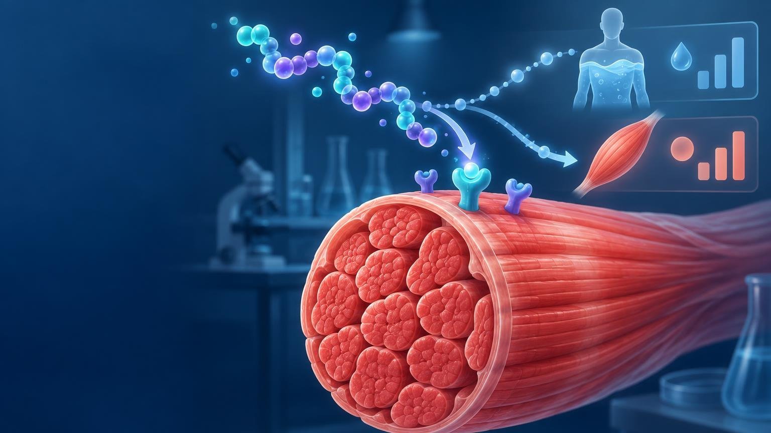 Science illustration of colorful peptide-like molecules and arrows leading to receptors on a cross-section of red muscle fibers, with a blurred laboratory background and simplified body and bar-chart icons.