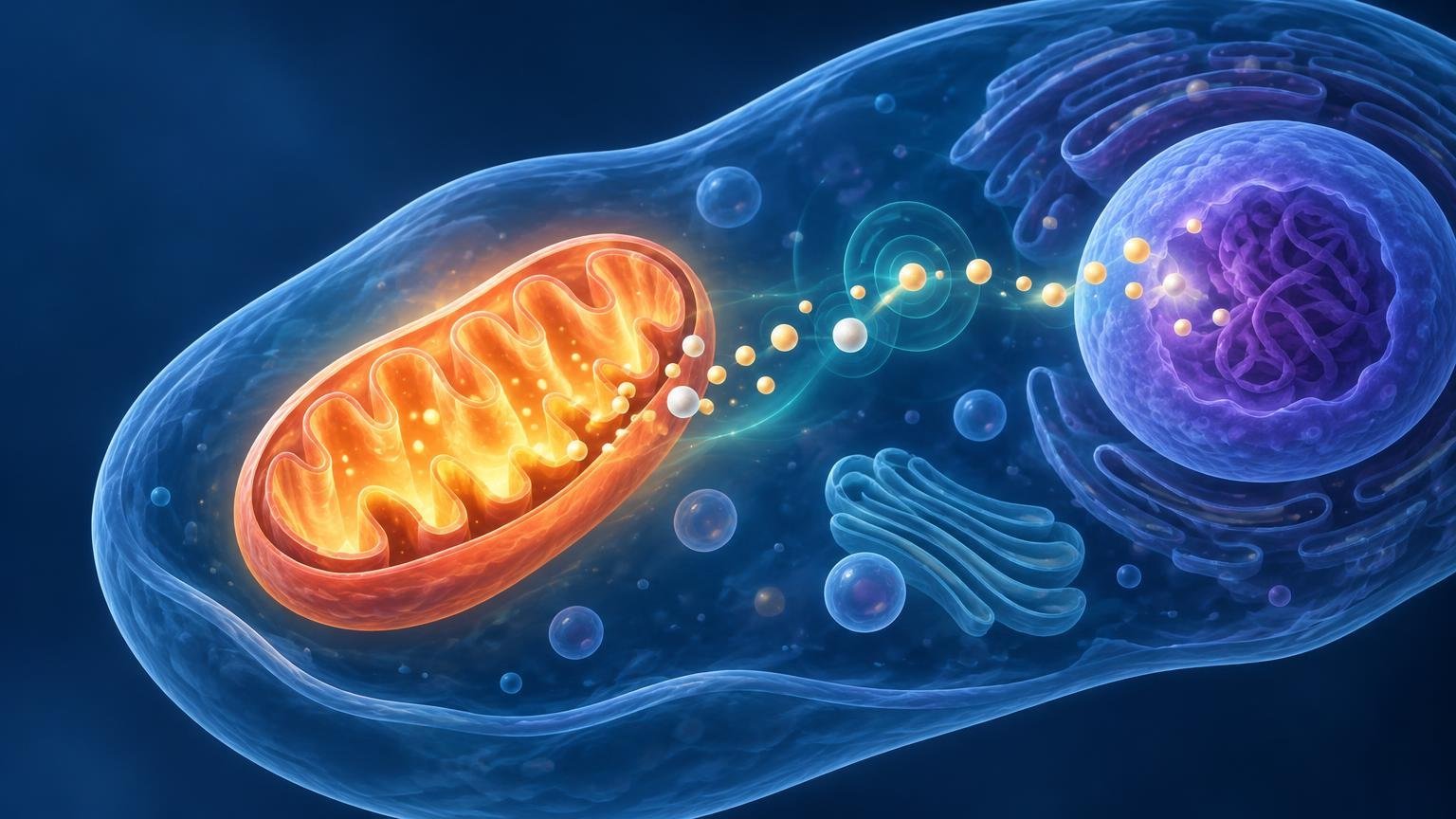 Blue translucent cell illustration showing a glowing orange mitochondrion, a purple nucleus, and small luminous particles traveling between them.