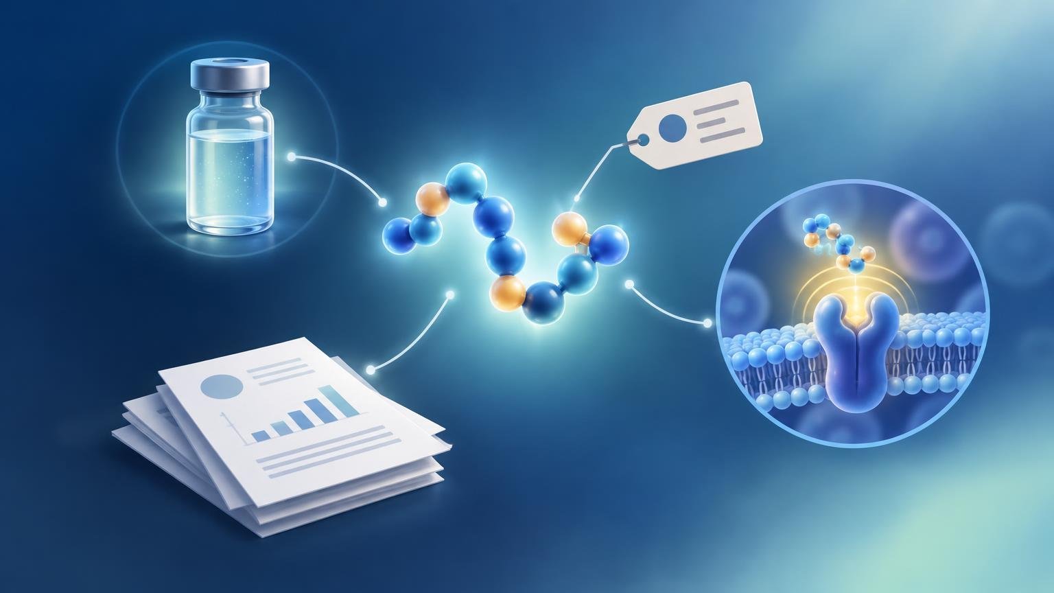 Blue science illustration showing a laboratory vial, document stack, molecule model, identification tag, and a peptide-like molecule binding to a cell-surface receptor in a circular cell membrane inset.