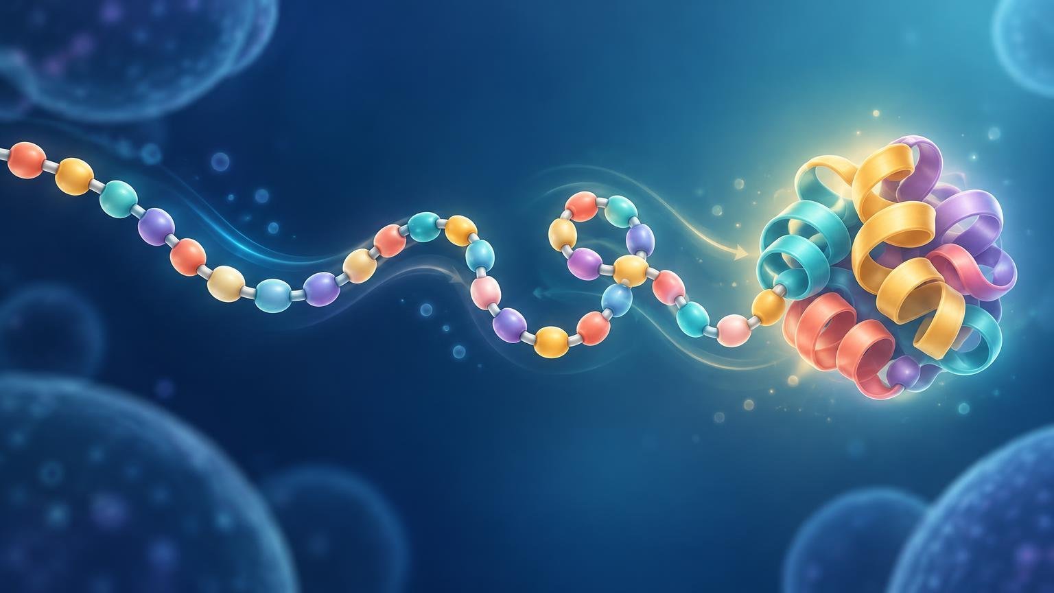 Colorful bead-like molecular chain curves across a blue cellular background and leads toward a glowing folded ribbon protein structure on the right.