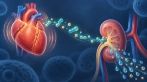 Glowing medical illustration of a heart releasing colored molecular spheres toward a cross-sectioned kidney, with blue water droplets and arrows flowing outward against a dark blue cellular background.