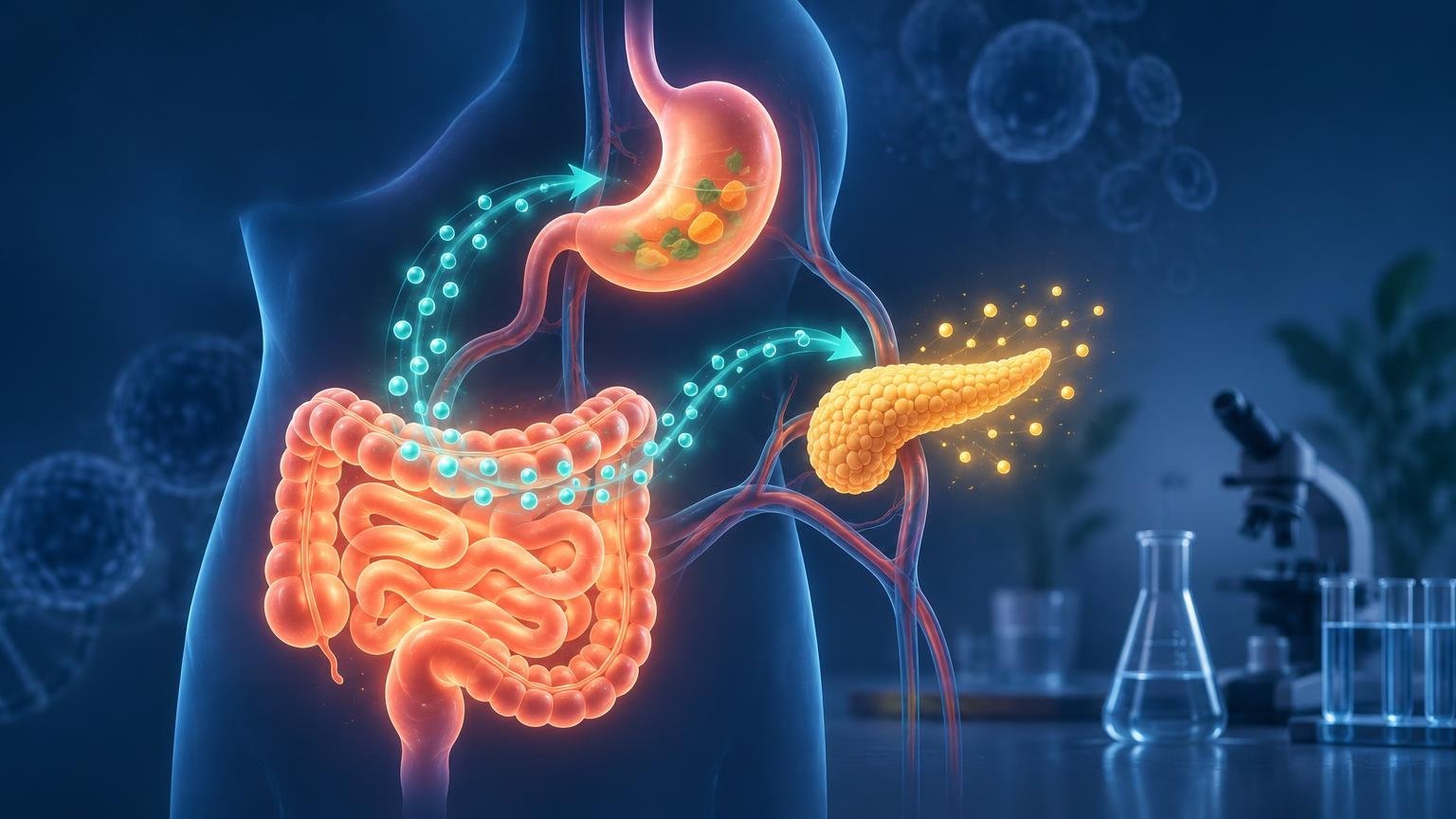 Glowing illustration of a human torso with the stomach and intestines highlighted, turquoise particle trails and arrows, a bright yellow pancreas, and blurred laboratory glassware and a microscope in the background.