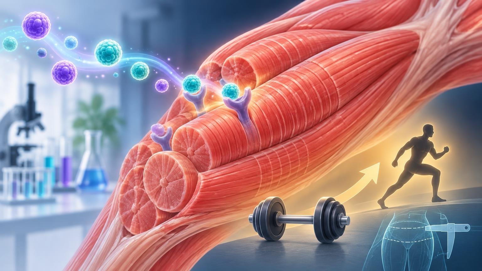 Science illustration of enlarged red muscle fibers with purple receptor-like shapes receiving glowing teal and purple particles, beside lab glassware, a barbell, and a running silhouette with an upward arrow.